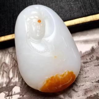 cf489-266 新疆和田玉原皮籽料观音,雕工精致,温润厚装,玉质如婴儿细