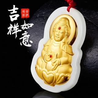 迪曼达金镶玉观音吊坠男士大款足金天然和田玉弥勒��玉坠黄金项链